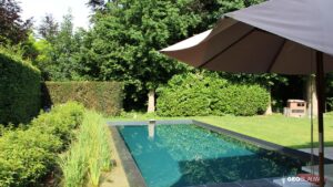 Geoblauw ecozwembad ecozwembaden zwembaden zwemvijvers zwemplezier zwemmen tuin nieuw chloor nadelen geen chemische producten natuur natuurlijk exclusieve tuinen villatuinen zuiver water ecologisch biologisch voordelen lifestyle outdoor living outdoor design trends planten filteren zwembad chloorzwembad vormgeving waterplanten advies inspiratie tips magazine belgie belgisch chic gardens