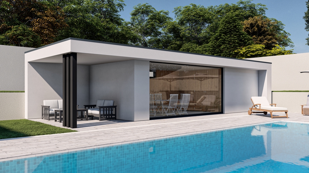 Modern poolhouse met Crepi wandbekleding uit de Elegance lijn van Chalet Center.