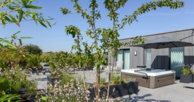 Luxe daktuin/dakterras bij een penthouse, met jacuzzi, bloemenborders, bomen en siergrassen.