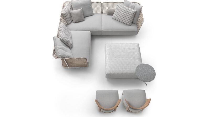 Uniek aan de nieuwe sofa Oasis van Flexform is de gevlochten rugleuning van koord en metaal. Het gepoedercoate epoxy-frame in dit ontwerp van Antonio Citterio is met de hand geweven met polypropyleen of rubberen koorden, wat een elegant mand-effect creëert.